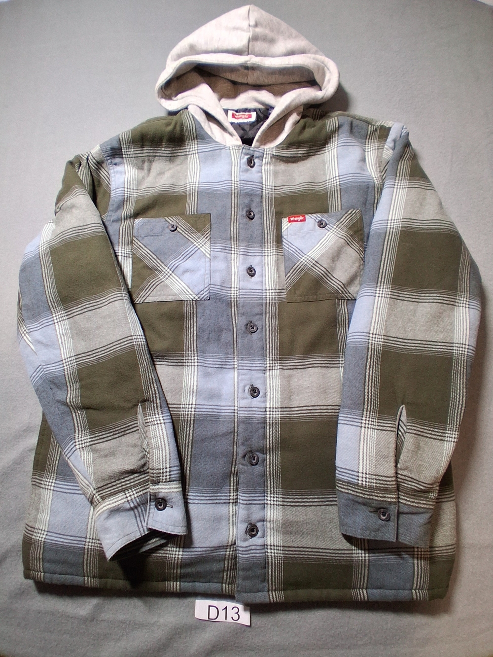 Wrangler Hooded Plaid Shirt Jacket in Olive & Gray